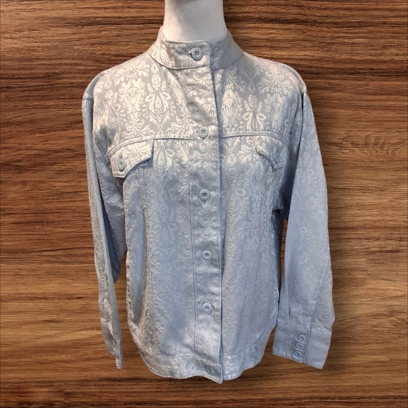Bill Bass Brocade Blue Buttoned Long Sleeve Cotton Blend Jacket Women Size Large - Picture 3 of 16